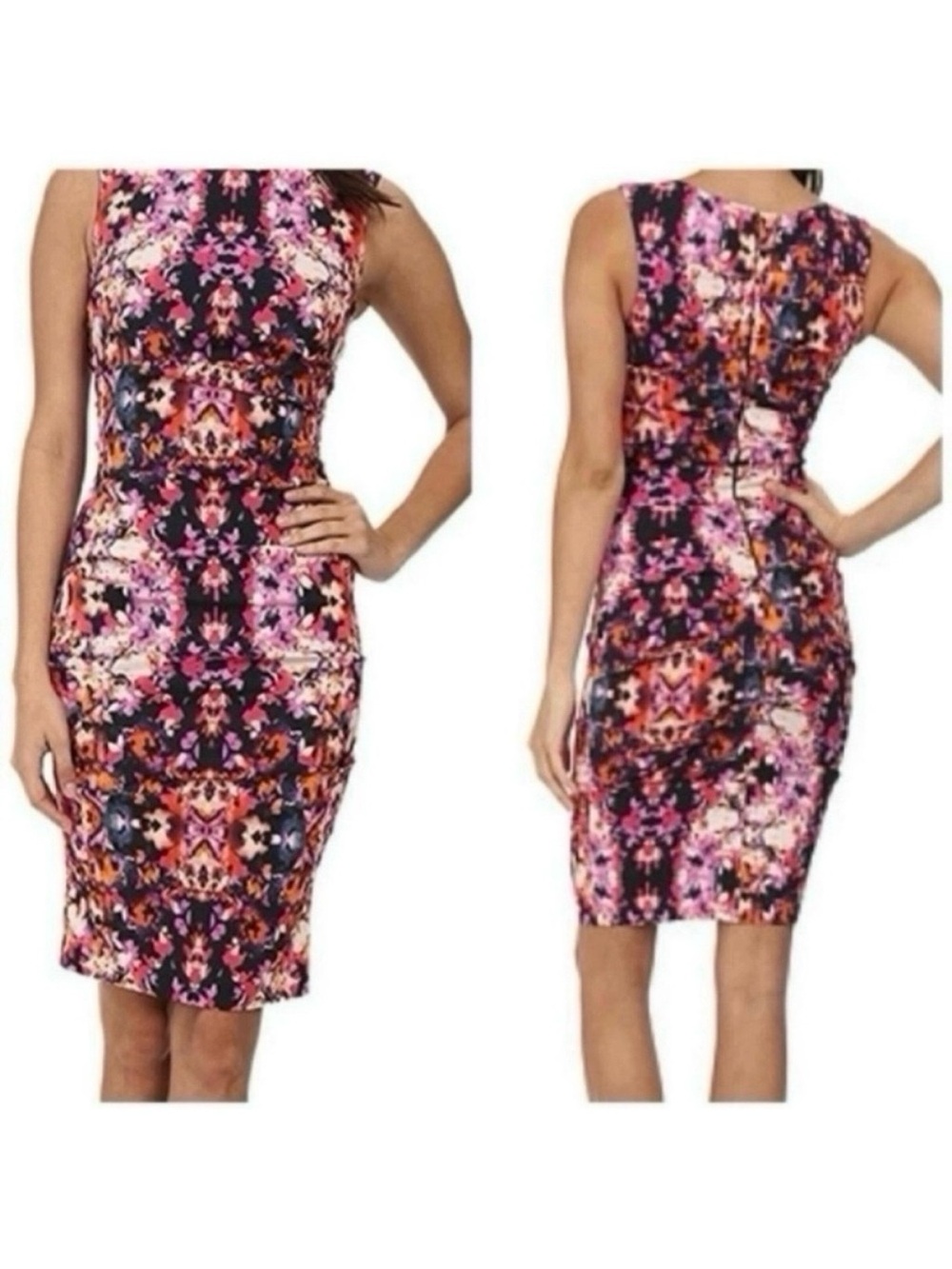 Artelier Nicole Miller Lauren Stretch Linen Tuck Cocktail Floral Colorful Dress